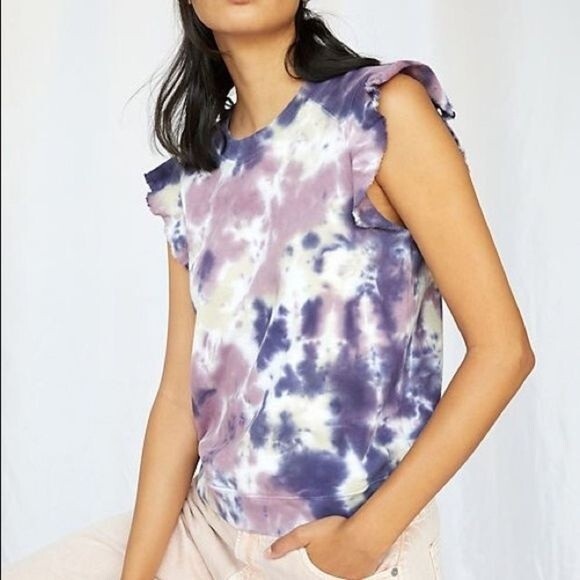 T. La Anthropologie Tie Dye Ruffled Sleeveless Sweatshirt Tank S Purple NWT B90 - Picture 1 of 6